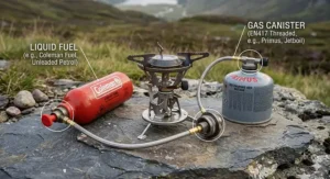 Diagram showing a multi fuel camping stove compatible with unleaded petrol and threaded gas canisters.