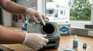 Sliding back the plastic blade cover on top of a Thetford waste tank to reveal the rubber seal.