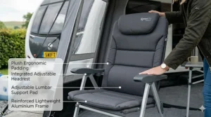 A padded folding chair for caravan awnings featuring ergonomic lumbar support and an adjustable headrest.