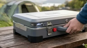 A hand pressing the piezo ignition button on a 2 burner camping stove, showing a spark at the burner.