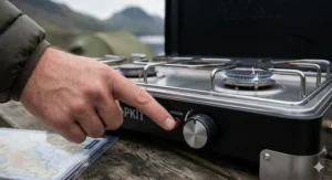 Detail shot of a finger pressing the piezo ignition button on a modern gas camping stove.