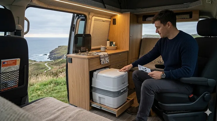 A compact Porta Potti stored neatly inside a small campervan unit, showing how it fits into tight storage spaces. porta potti for small campervans