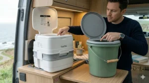 A side-by-side comparison of a modern sealed Porta Potti and a basic green bucket-style portable loo.