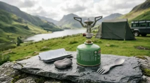 Lightweight single-burner propane camping stove attached to a small gas canister for backpacking.