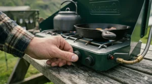 Close-up of the control knobs on a propane camping stove illustrating precise flame and simmer adjustment.