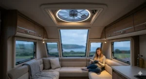A peaceful evening scene inside a caravan lounge with a quiet-running roof vent fan providing ventilation while a person reads by a soft lamp.