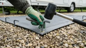 Close-up photorealistic photograph of a hand guiding a heavy-duty forged rock peg through a reinforced brass eyelet on a durable grey groundsheet to secure it into a gravel seasonal caravan pitch.