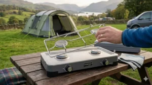 Illustration showing the removable stainless steel pan supports of a 2 burner camping hob for easy cleaning.