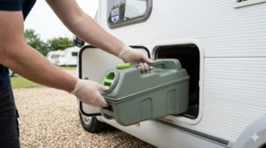 Pulling a Thetford toilet cassette out of an external caravan service locker on a gravel driveway.