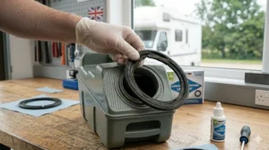 Removing a worn and cracked rubber lip seal from a green caravan cassette toilet.