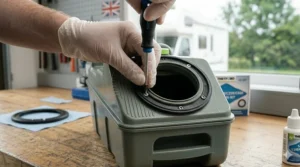 Using a screwdriver to remove the small security screws holding the Thetford seal retainer in place.