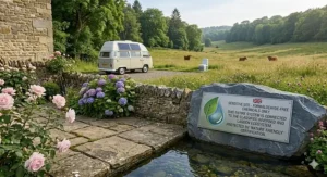 A classic campervan parked in a protected UK landscape next to a stone sign highlighting the use of nature-friendly, formaldehyde-free chemicals.