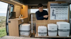Porta Potti size comparison guide for UK campervans showing height and capacity differences between different models.