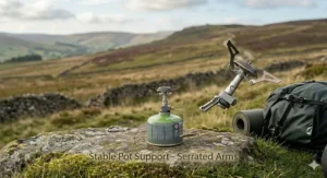 A photorealistic technical close-up focusing on the serrated teeth and locking hinges of the pot supports on a metallic lightweight gas stove for camping.