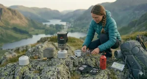 A small backpacking stove folded and stowed neatly inside a titanium mug to save space in a rucksack.