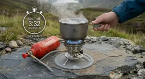 A camper using a multi fuel stove on a heat-resistant mat to protect the ground at a UK campsite.