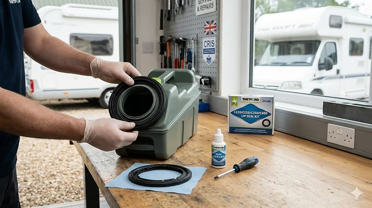 A person holding a new Thetford cassette toilet lip seal next to a C200 holding tank on a wooden workbench. thetford cassette toilet seal replacement
