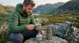 A compact, ultralight gas canister stove screwed onto a fuel bottle, ideal for fastpacking in the UK.