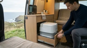 A close-up of a Porta Potti being pulled out from a custom under-seat storage drawer in a small van conversion.
