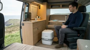 A small campervan interior with a Porta Potti set up for daytime use near the sliding side door.