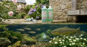 A split-level view showing eco-friendly toilet chemicals above a clean UK riverbed with brown trout swimming in unpolluted water.
