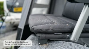 Close-up of quick-dry, UV-resistant fabric on a lightweight chair frame, showing water beads to demonstrate weatherproof quality.