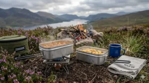 Traditional aluminium mess tins being used for budget camping and outdoor cooking in the Scottish Highlands.