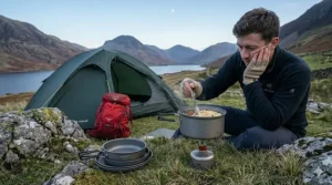 A minimalist wild camping setup showing a hiker preparing a meal for two using a compact stove and pot in the Scottish Highlands.
