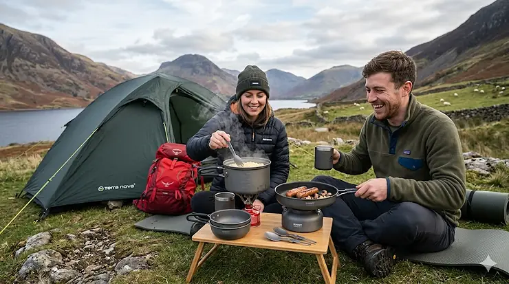 A happy couple using a 2-person camping cookware set to cook sausages and pasta on a portable stove outside their tent in the Lake District. camping cookware for 2 people
