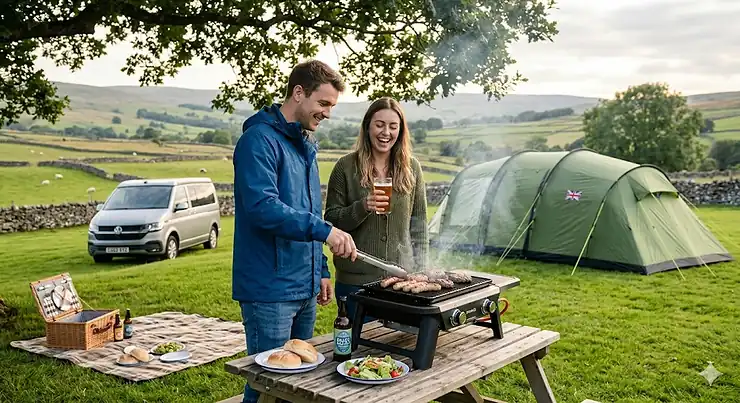 A high-resolution photorealistic hero image of a modern gas camping grill sizzling with food at a scenic UK campsite, featuring a happy British couple, a campervan, and rolling hills. best camping grill
