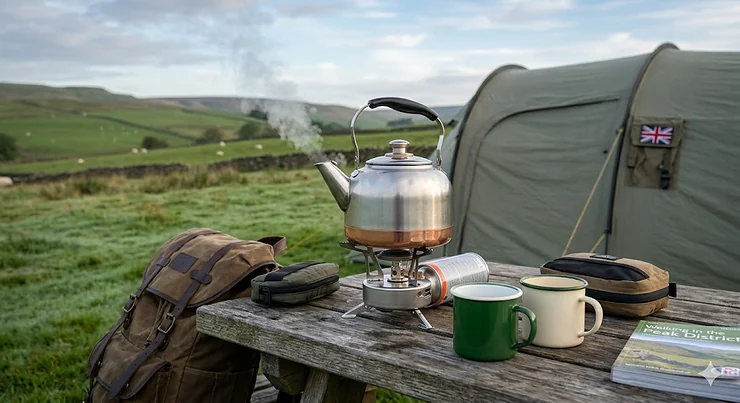 A stainless steel camping kettle with a copper base boils on a portable gas stove on a wooden picnic table. A canvas backpack and two enamel mugs sit nearby, with a tent bearing a small Union Jack and rolling British hills in the background under soft morning light. best camping kettle