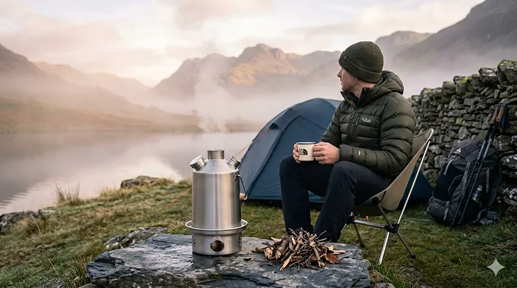 A stainless steel Kelly Kettle boiling water on a rocky outcrop in the Lake District, showcasing the best Kelly Kettle for British wild camping. best Kelly Kettle