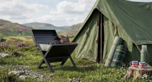 A compact, fold-away portable BBQ positioned next to a classic green canvas tent and a tartan picnic blanket in the British countryside.