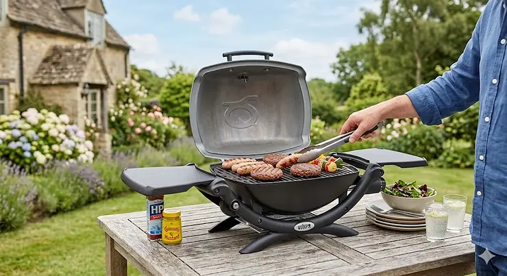 A top-rated portable gas BBQ cooking sausages and burgers on a wooden garden table with a traditional British Cotswold cottage in the background. best portable bbq