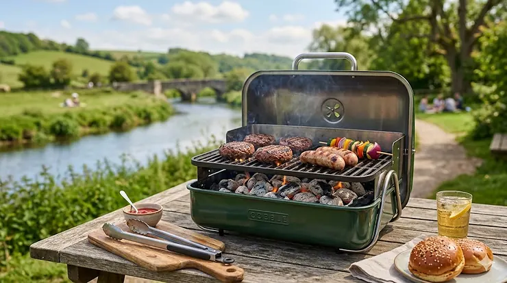 A compact small portable bbq grilling burgers and sausages on a wooden garden table during a British summer afternoon. small portable bbq