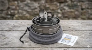 A photorealistic high-resolution illustration of a 9-piece cookware set for backpacking arranged on a weathered wooden surface, with the hard-anodised pots, bowls, mugs, and spork meticulously nested together inside their mesh carry bag.