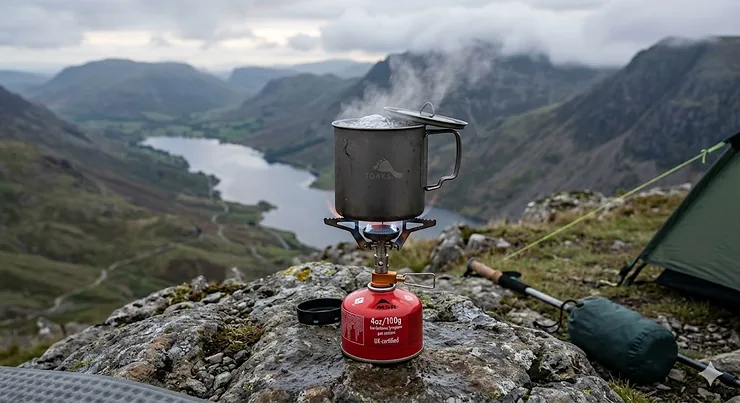 A detailed close-up of an ultralight backpacking stove boiling water in a titanium mug on a mountain ridge, overlooking a valley and lake in the Lake District, UK. ultralight backpacking stove