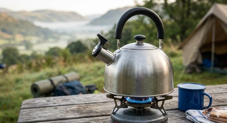 A classic stainless steel whistling kettle for camping heating on a portable gas stove during a trip to the Lake District. whistling kettle for camping