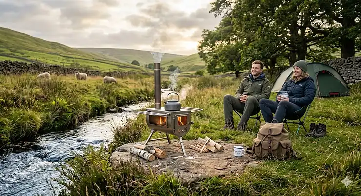 Alt text for image 1: A photorealistic hero image of a couple relaxing with a canvas rucksack next to a wood burning camping stove boiling a kettle. The background features rolling green hills, dry stone walls, and a stream in a typical British countryside setting during the evening golden hour. wood burning camping stove