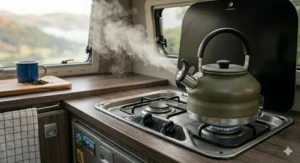 A stylish whistling kettle for camping placed on a dual-burner hob inside a modern UK campervan.