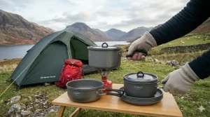 A person wearing camping gloves holding a hot camping pot by its insulated, heat-resistant foldaway handles.