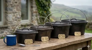 A size comparison guide for Dutch ovens for camping, showing various capacities in litres alongside a standard enamel mug to help UK campers choose the right size.