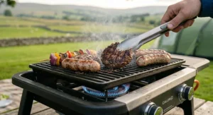 A close-up of a camping grill with a large cooking surface, showing beef burgers and vegetable skewers being prepared for a family meal at a British campsite.