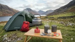 A camping kettle boiling on a gas stove next to two mugs and a pack of Yorkshire Tea, perfect for a brew for two in the British hills.