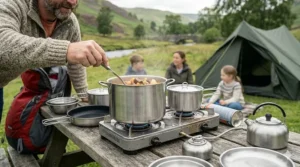 A small whistling camping kettle boiling water for a cup of tea on a portable burner at a misty UK campsite.