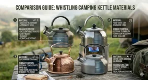 Comparison guide of different materials for a whistling kettle for camping including stainless steel and anodised aluminium.