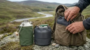 Kelly Kettle and Ghillie Kettle packed in storage bags to show portability for UK hiking trips.