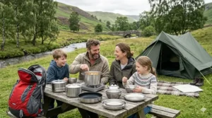 A stainless steel camping frying pan cooking bacon and eggs over a portable gas canister burner at a UK campsite.