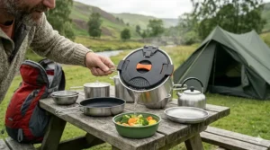 A camping saucepan lid with integrated strainer holes being used to safely drain boiling water from pasta.