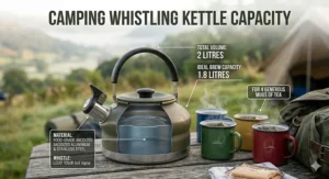 Infographic showing a 2 litre whistling kettle for camping being enough to fill four standard British mugs.